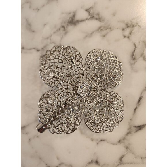 Silver Tone Filigree Flower Hair Clip Barrette With Rhinestones - Picture 1 of 4